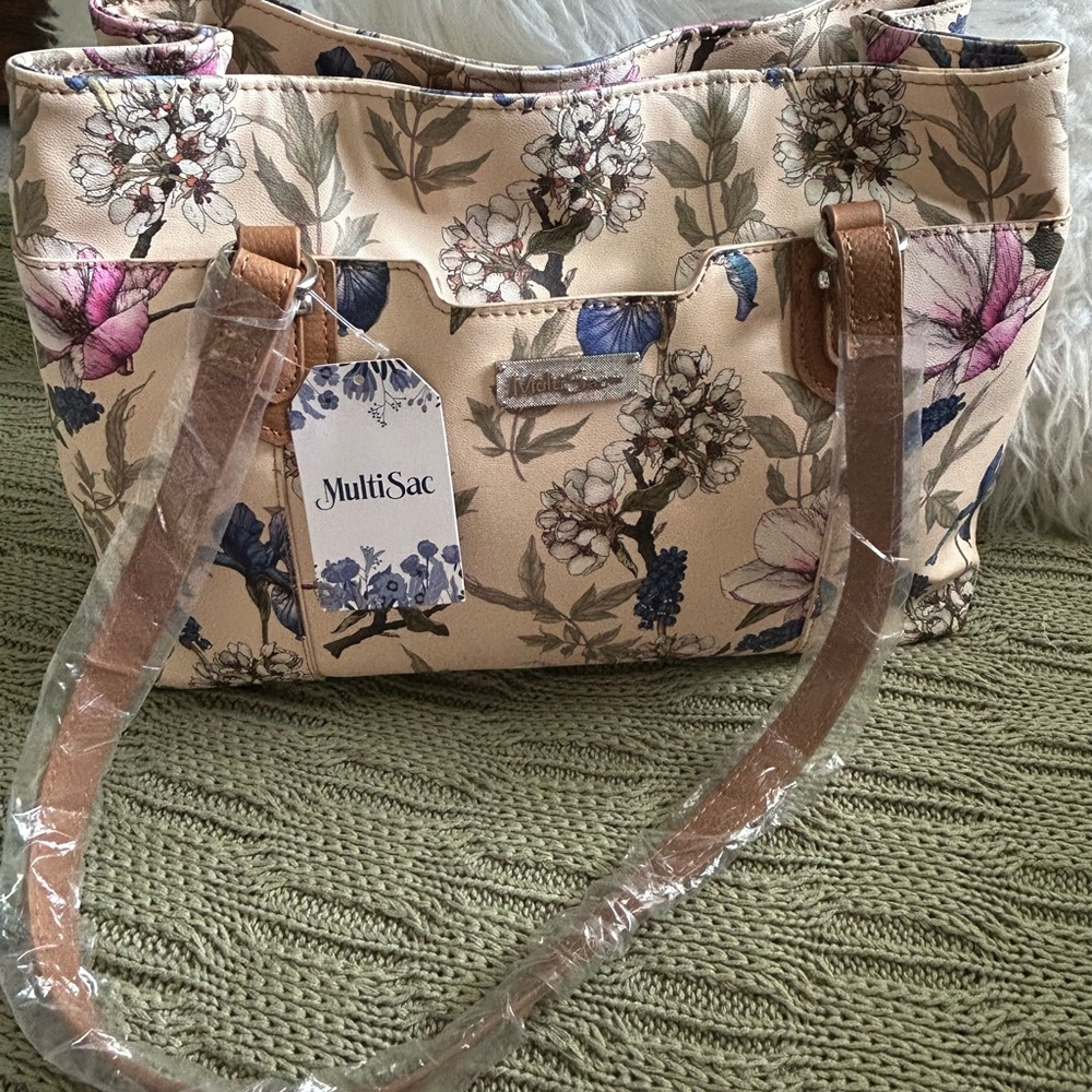 NWT MultiSac Pastel Medium Floral Cream Tote Bag with Tan Straps - Picture 2 of 12